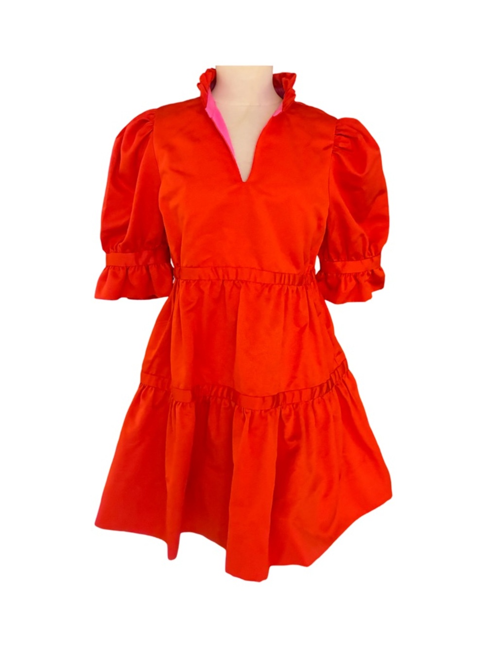 GRETCHEN SCOTTVibrant Red Puff-Sleeve Tiered Mini Dress wiTH POCKETS SZm $189